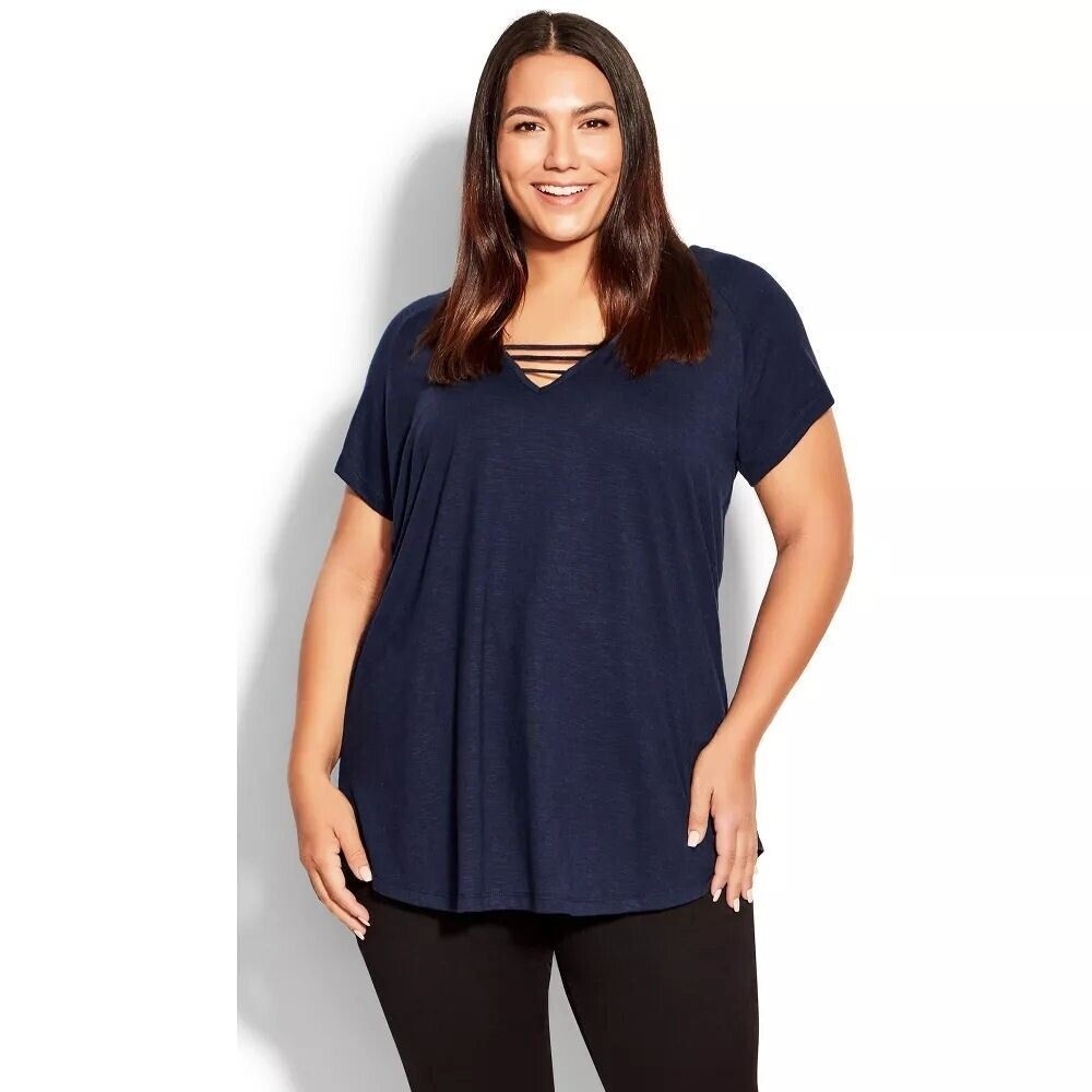Women's Plus Size 3 Bar V Neck Essential Top - Navy Blue | AVENUE Size  26-28